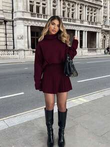 两件套加大码女士优雅纯色高领毛衣和半裙套装，适合圣诞节、情人节、新年、约会、外出等场合，酒红色 - 暗紅色 - 查看 2