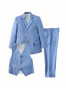 6-14 Years Old Boys Plaid 3 PiecesSuit Set, Toddler Tuxedo Formal Outfit, Ring Bearer Wedding Suit, Jacket, Vest, Pants, Light Blue - Baby Blue - View 2