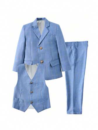 Boys Suits Grid 3-Pieces Suit Set Toddler Tuxedos Dresswear Ring Bearer Outfit Wedding Blazer Vest Pants Formal Suits For Kids Baby Blue Size 6-14Y