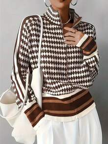 Color Block Zipper Knit Stand Collar Cardigan