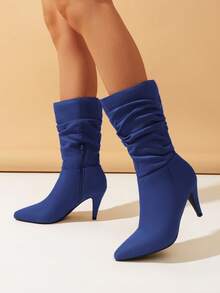 Women's Stiletto High Heel Pointed Toe Suede Mid Calf Boots For Fall/Winter, Classic Slouchy Soft Comfortable Boots - Royal Blue - View 3