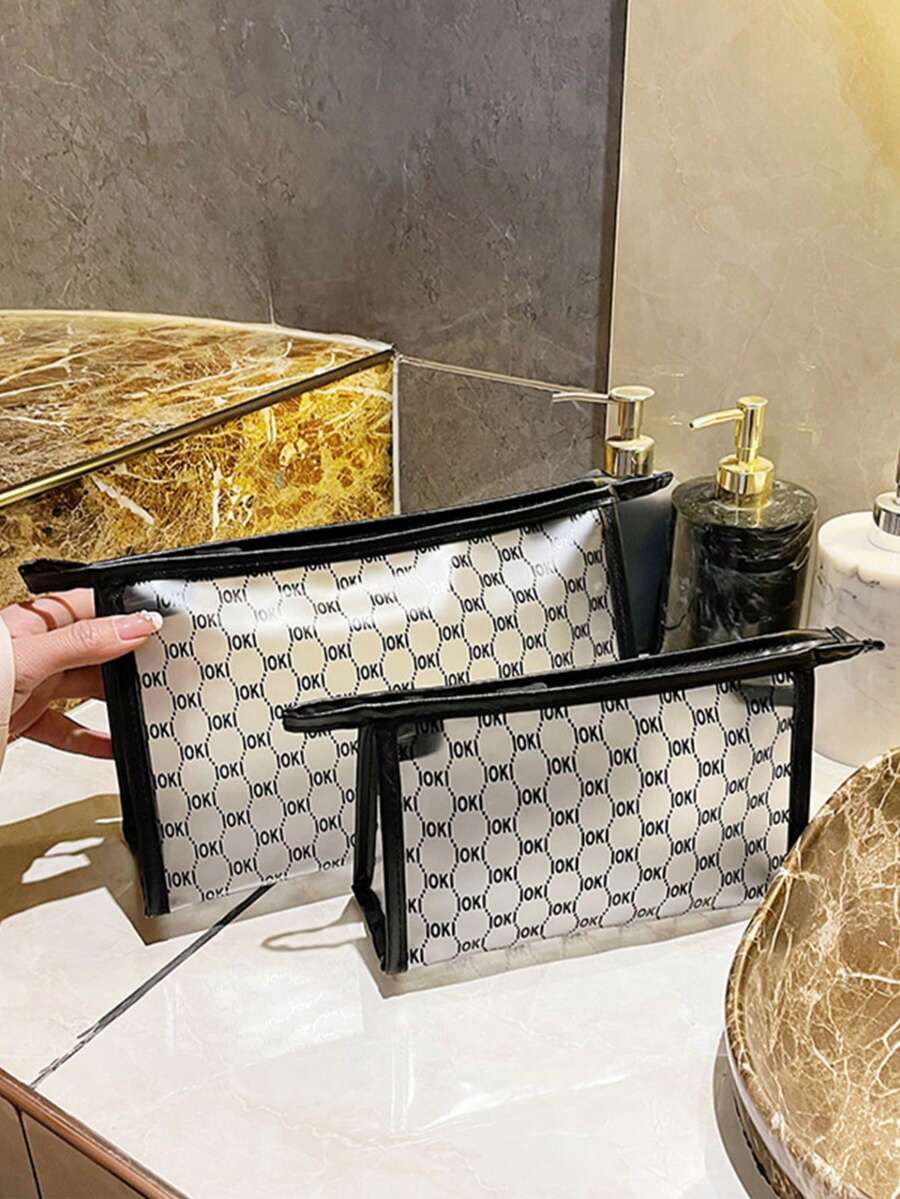 1pc Waterproof Transparent Zipper Makeup Bag, Portable Travel Cosmetic Storage Pouch - Black - View 1