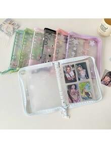1本INS时尚明星六孔PVC活页笔记本，透明闪光拉链边日记本/相册，偶像卡片收藏册，学生用六孔偶像卡片相册 - 彩色 - 查看 9