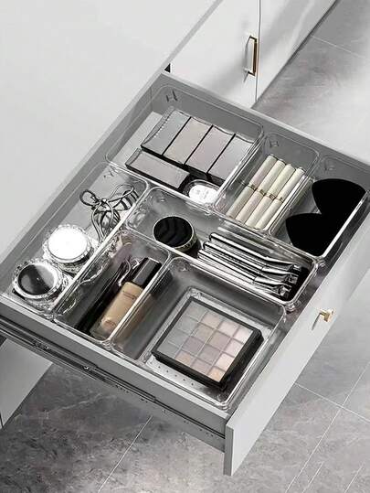 7 st/2 st lådorganisatörer i akryl, inbyggda sminkförvaringslådor, delade förvaringsbrickor för hudvård, setet finns i flera storlekskombinationer, lämplig för hemmaskrivbord och lådförvaring