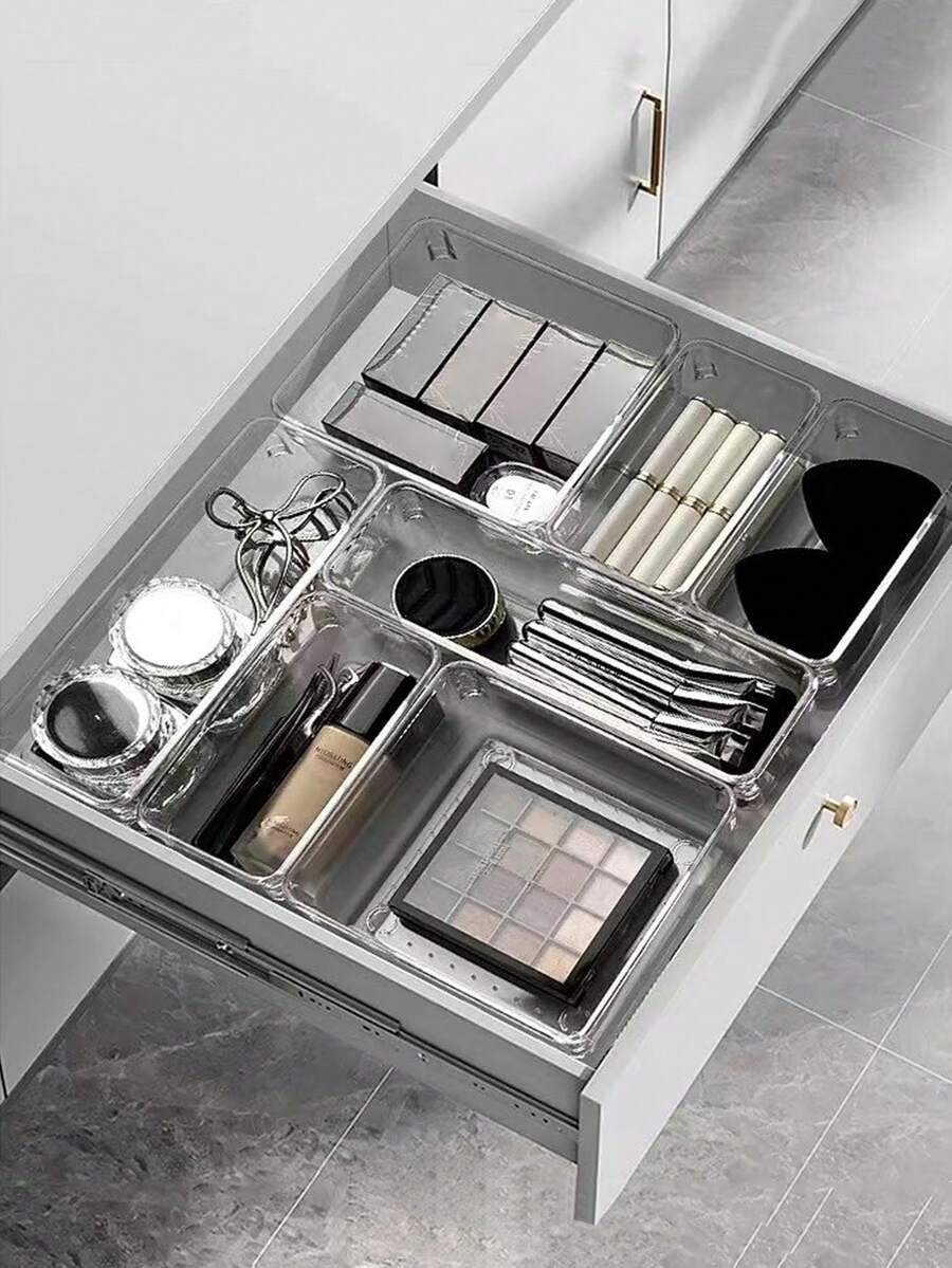 7件套/2件套亚克力抽屉收纳盒，内置化妆品收纳盒，分隔式梳妆台护肤品收纳托盘，套装包含多种尺寸组合，适用于家用桌面和抽屉收纳