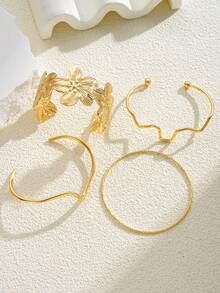 4pcs Vintage Elegant Bohemian Floral & Geometric Design Metal Bangle Bracelet Set, Suitable For Daily Wear - Gold - View 5
