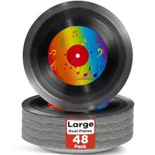 48PCS Records Paper Plates 7in Records Theme Party Decorations Vinyl Record Disposable Plates For Retro 1950's Party Tableware For 48 Guests Back To 50's Music Birthday Party Supplies - 黑色 - 查看 2
