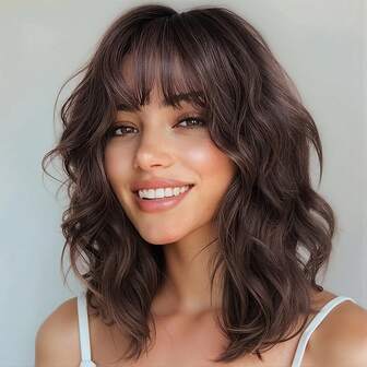 Peluca corta de bob ondulado con flequillo para mujeres, rubia con reflejos ombré marrón, peluca corta rizada de fibra sintética resistente al calor de longitud hasta los hombros para uso diario, fiestas o cosplay