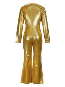 1pc Women's Solid Color Knitted Backless Zipper Jumpsuit, Suitable For Stage And Concert, Autumn/Winter - Gold - View 9