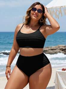 Swim Lushoire Bikini mùa hè cỡ lớn, màu trơn, dây mảnh, thoải mái và thoáng khí. - màu đen - Xem 1