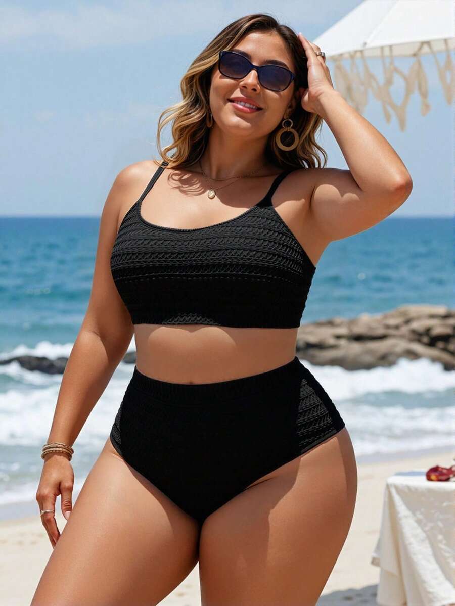 Swim Lushoire Bikini mùa hè cỡ lớn, màu trơn, dây mảnh, thoải mái và thoáng khí. - màu đen - Xem 1