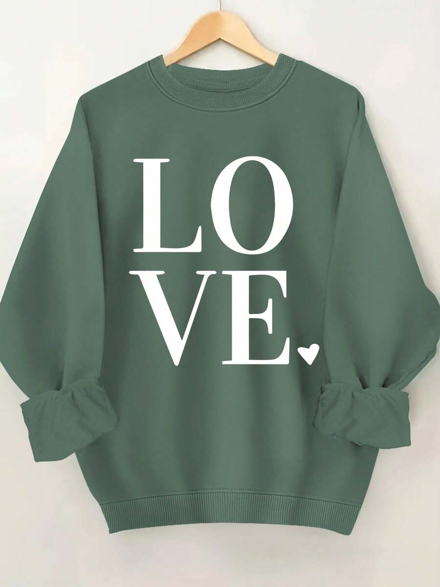 2026 New Year Cotton Sweatshirt Plus Size Love Print Sweatshirt, Casual Long Sleeve Round Neck Pullover Sweatshirt, Women's Plus Size Clothing Loose And Comfortable Winter Clothes For Women - 橄欖綠 - 查看 1