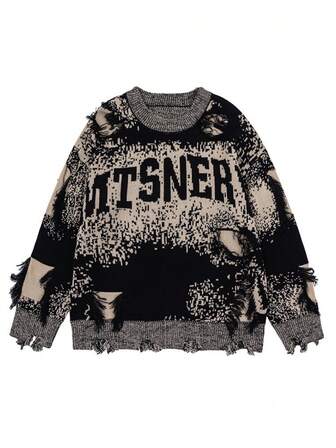 一件美式撞色字母镂空流苏毛衣，男士加大码针织衫，适合秋冬季节，长袖上衣