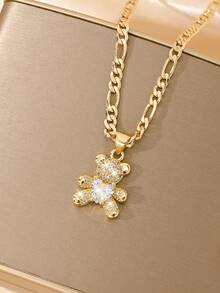1 pièce Collier pendentif en forme de petit ours de style européen et américain, en cuivre incrusté de zircone, hypoallergénique, empilable. Convient comme cadeau de Noël/Thanksgiving/Halloween/Fête des Mères/Saint-Valentin pour les couples/amis/parrains, Première communion catholique, port quotidien et festif - Or jaune - Voir 4