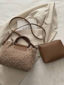 2 Pieces Set With Coin Purse, Autumn/Winter New Crossbody Handbag With Plush Square Bag, Retro Shearling Patchwork Women Casual Shoulder Bag - Khaki - View 11