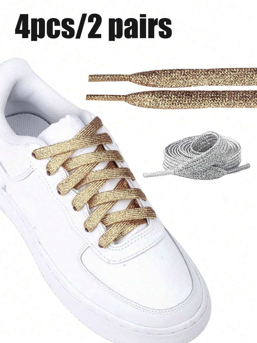 Set de 2 perechi/4 bucăți de șireturi sport cu fund plat, aurii strălucitoare, drăguțe, neutre, performanță, patine de gheață la modă, cu șireturi, multifuncționale, stil coreean, șireturi colorate cu perle, pantofi sport albi pentru bărbați și femei, dantelă argintie colorată, stil personal multifuncțional, drumeții, călătorii, acasă, esențiale pentru studenți, cadouri pentru prieteni, cadouri de Crăciun