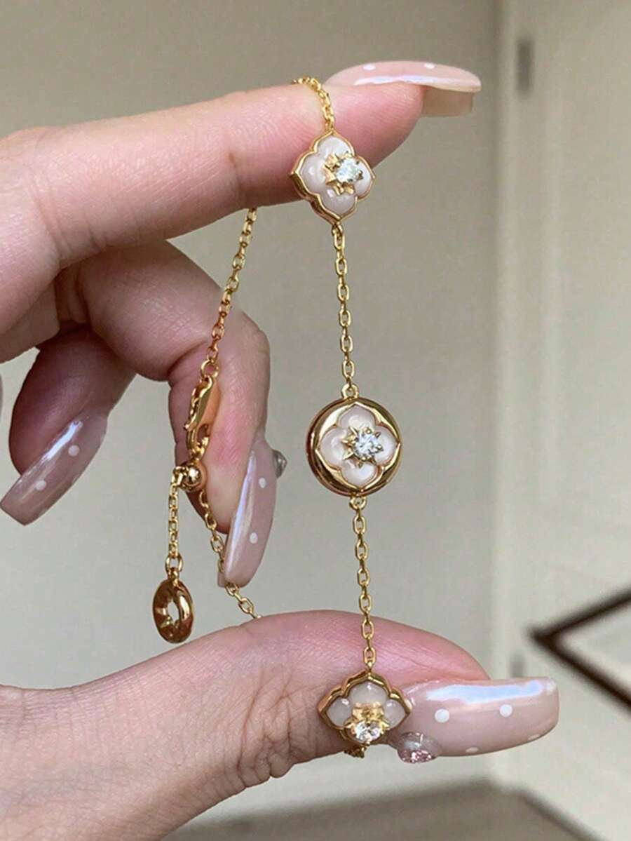 1 chiếc vòng tay đính hạt hoa 4 cánh thanh lịch, quà tặng trang sức cho phụ nữ - Nhiều màu - Xem 1