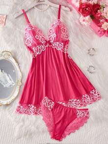 两件套撞色花卉蕾丝睡衣套装，V领半透明蝴蝶结睡裙和内裤，优雅女士睡衣 - 玫紅色 - 查看 4