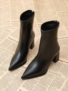 Fashionable High Heel Ankle Boots For Women 2025 Autumn/Winter New French Style Pointed Toe Chunky Heel Black Premium Slim Fit Boots With Back Zipper Versatile Elegant Ankle Boots