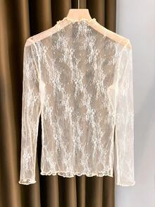 2025 New Arrival Women's Lace Mock Neck Layering Mesh Sheer Long Sleeve Slim Fit Undershirt, Spring/Summer/Autumn - Beige - View 2