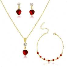 18k Gold Plated Semi-Jewelry Kit - Set With Bracelet, Chain, Pendant And Heart Earrings - Đỏ - Xem 7
