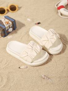 Children's Fashion Slippers, New Summer Thick Sole Round Toe Pleated Design Stylish Comfortable Flat Slides - Beige - View 6