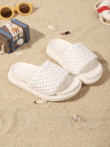 儿童时尚拖鞋，新款夏季加厚编织软底设计，时尚舒适平底拖鞋，男女通用 - 米色 - 查看 2