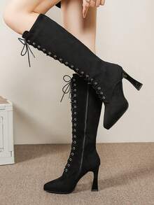 秋冬季尖头系带过膝长靴，修身亮面皮革高跟女靴 - 黑色 - 查看 2