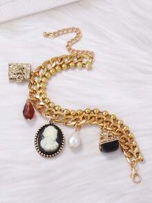 1pc Vintage Chic Alloy Lady Portrait Chain Tassel Earrings, Multi-Pendant Necklace, Bracelet Jewelry Set For Women