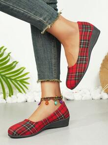Women's Plaid Bow Decor Round Toe Casual Versatile Daily Wear Slip-On Wedge Shoes, Suitable For Christmas, Halloween, Commuting, Party - Light Board - View 5