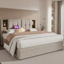 Double Bed With USB-C Wireless Charging, Upholstered Bed Frame 180x200cm, Bed Frame With Storage Space, Slatted Base Made Of Wood - Natural Linen - Beige - View 8