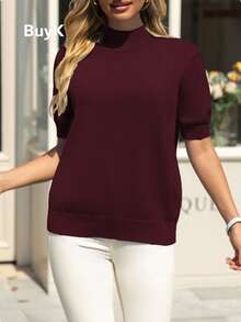 [Góry] Elegancki golf damski z krótkim rękawem, dzianinowy top BuyK, miękki materiał, klasyczny i uniwersalny, odpowiedni na wiele okazji