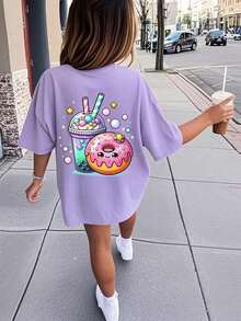 Teen Girl Casual Funny Print Round Neck Short Sleeve T-Shirt, Summer Top - Purple - View 1