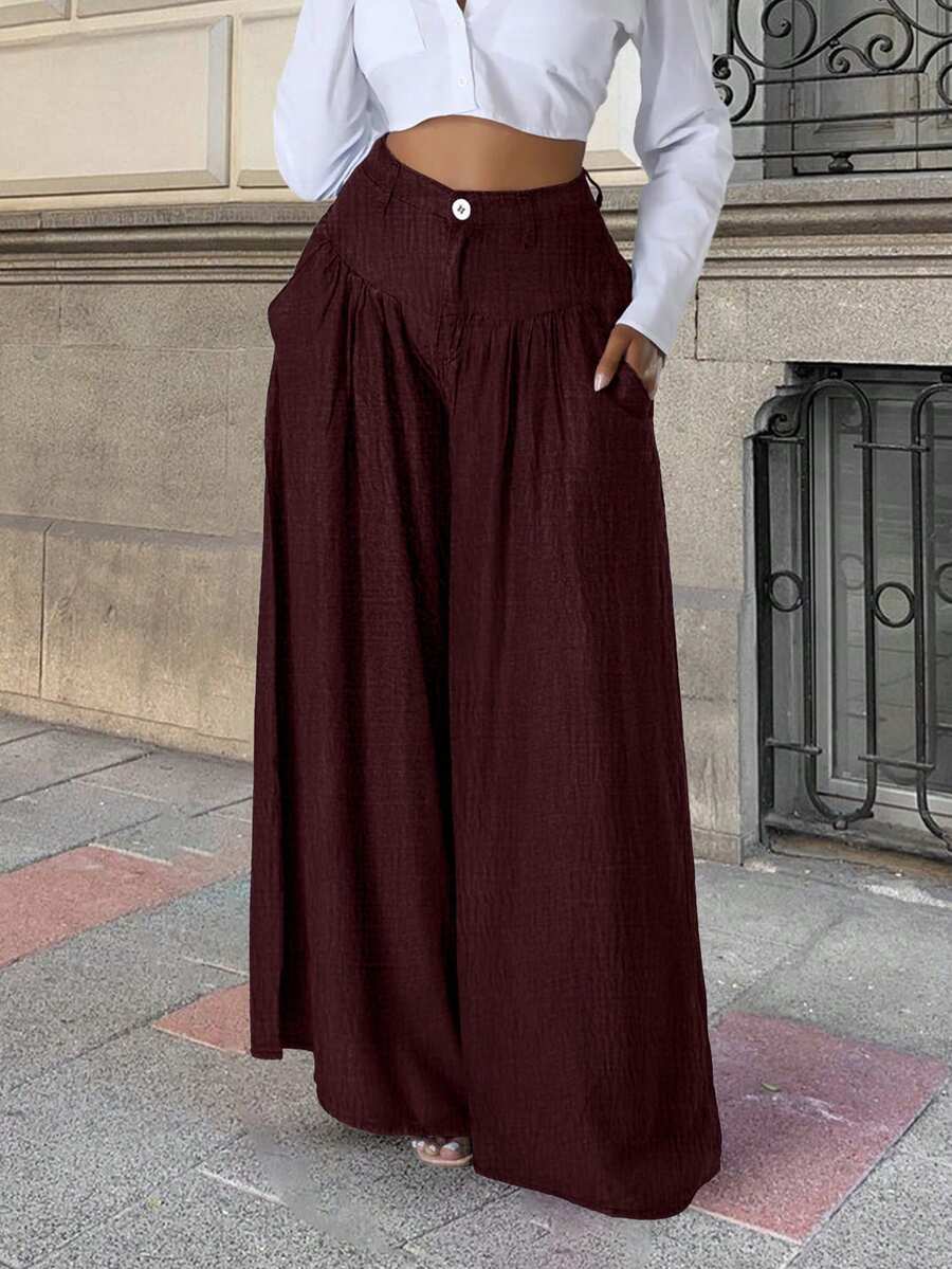 2026春夏新款女士纯色休闲优雅街头出游约会度假褶皱阔腿高腰裤，适合海滩、派对、春季穿搭、优雅正式裤装、女士音乐会服装、女士裤装、女士度假装、夏季度假装、女士街头风、女士生日装、女士夏季裤装、女士优雅连衣裙、女士度假装、女士派对装、女士春季装。 - 酒紅色 - 查看 1