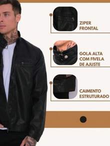 Men's Black Leather Motorcycle Jacket - Negro - Ver 3