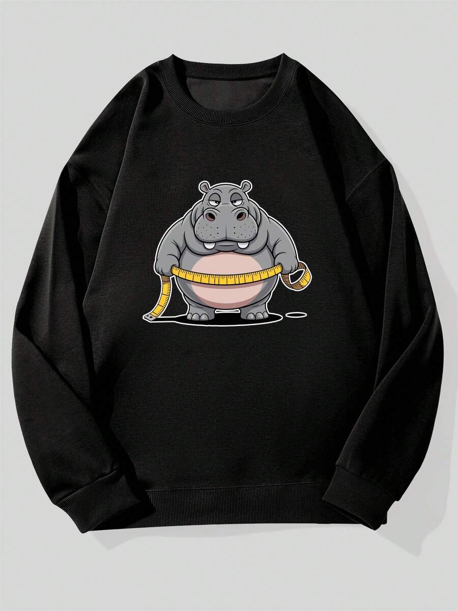 Sudadera Casual de Hombre con Cuello Redondo y Cintura con Gráfico de Hipopótamo - Corte Holgado, Manga Larga, Color Sólido, Jersey Cómodo para Vestir Casual, Ropa Cómoda para el Día a Día| Sudadera con Gráfico Divertido| Sudadera de Tela Elástica, Ropa de Hipopótamo - Oscuro - Ver 1