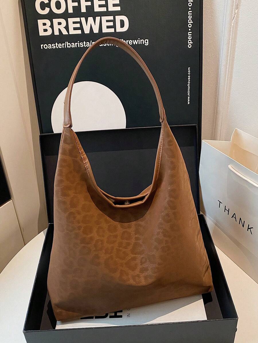 豹纹大容量复古2025秋冬新款单肩手提水桶包，通勤风格 - 棕色 - 查看 1