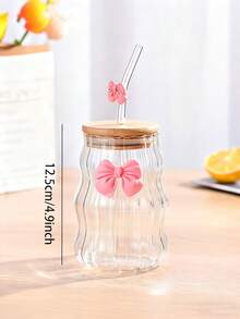 带盖和吸管的蝴蝶结玻璃杯，精致的蝴蝶结玻璃杯，波浪条纹玻璃杯，适用于咖啡、茶、牛奶、冰美式咖啡和拿铁饮品，饮水杯，情人节礼物，返校季礼物，家居生活 / 厨房和餐厅 / 饮具 / 杯子