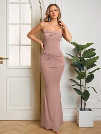 PARTHEA Women's Elegant Ruched Solid Color Mermaid Hem Bodycon Formal Dress