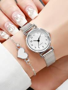 2 pezzi/set Orologio da polso al quarzo con quadrante minimalista classico e cinturino a griglia per donna + braccialetto decorato a forma di cuore (scatola dell'orologio non inclusa) - Argento - Visualizzare 9