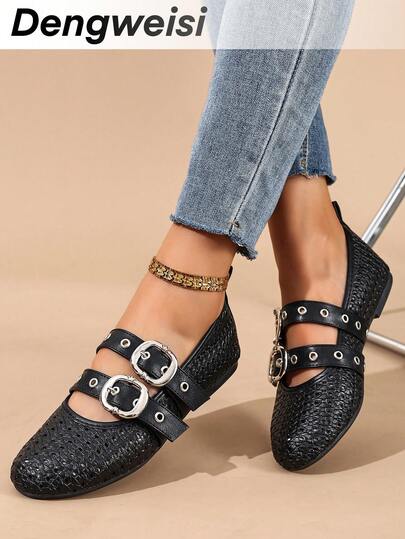 Black Embossed Irregular Hollow Double Strap Rivet Decor Flat Round Toe Versatile Elegant Comfortable Vacation Punk Street Fashion Women Casual Shoes