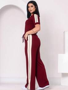 Women's Basic Pants And Blouse Set With Stripes On The Side - 紅木色 - 查看 4