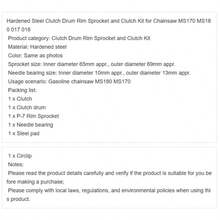 6pcs Hardened Steel Clutch Drum Rim Sprocket And Clutch Kit For Chainsaw MS170 MS180 017 018