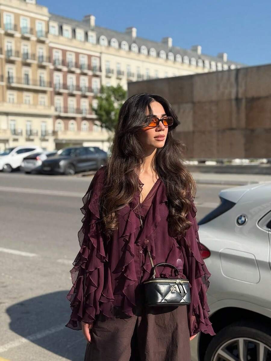 Stylish Solid Color Front Button Pleated Ruffle Hem Long Sleeve Top For Women Women's Elegant V-Neck Long Ruffle Sleeve Button Front Top - Burgundy - View 1