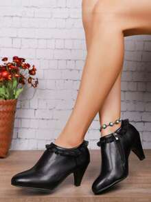Women's Round Toe Thick Heel High Heel Boots, Leather Side Zipper Fashion Ankle Boots With Ruffle Decor, Suitable For Daily Commute, Versatile And Elegant Ladies Short Boots, Can Be Paired With Daily Outfits And Skirts, Simple Black Boots