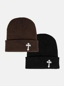 2顶男士街头风十字绣针织帽，Y2K风格冬季装备 - 彩色 - 查看 14