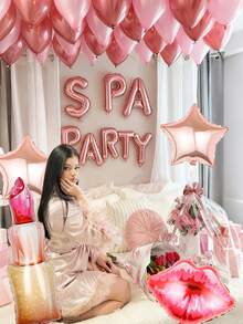 14件裝玫瑰金SPA橫幅箔氣球套組，含「Spa Party」字母、嘴唇口紅箔氣球與五角星，睡衣派對裝飾，適用女孩睡衣/SPA/化妝派對 - 彩色 - 查看 4
