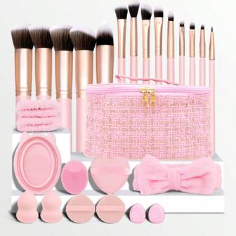 27件套粉色化妆刷套装，包含化妆包、柔软化妆刷、化妆海绵、刷子清洁垫、化妆盒、发圈和腕带。多功能化妆工具套装，适合初学者和日常妆容。