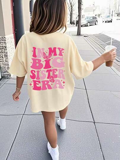 Tween Girls "In My Big Sister Era" Slogan Print Round Neck T-Shirt, Summer Top