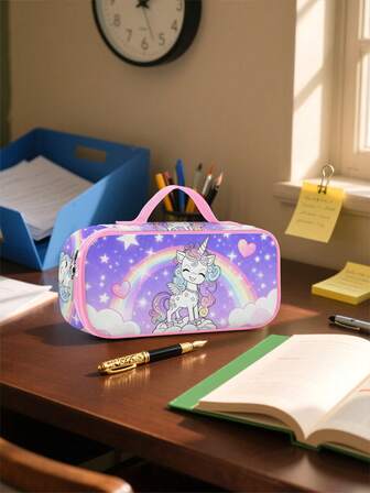 2025 New Large Capacity Pencil Case For Girls, Multilayer Stationery Organizer Bag, Reusable Cartoon Unicorn Pattern Pencil Box, Suitable For Home, School, Library, Office